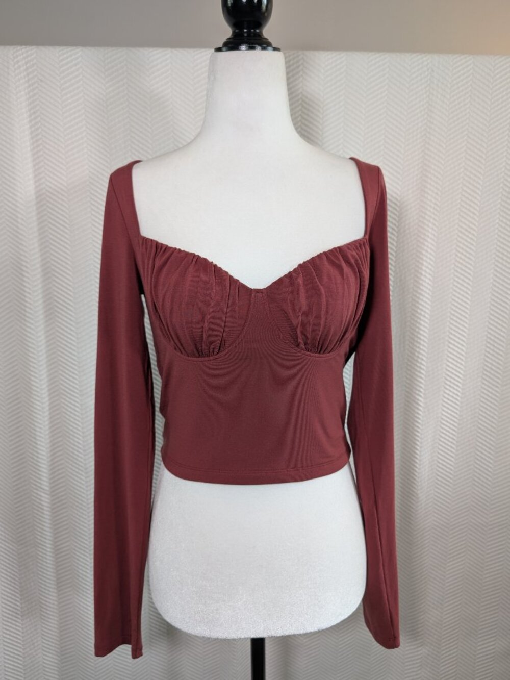 Aritzia Wilfred Ruched Bustier Style Long Sleeve Top Rust Red Brown Soft Medium